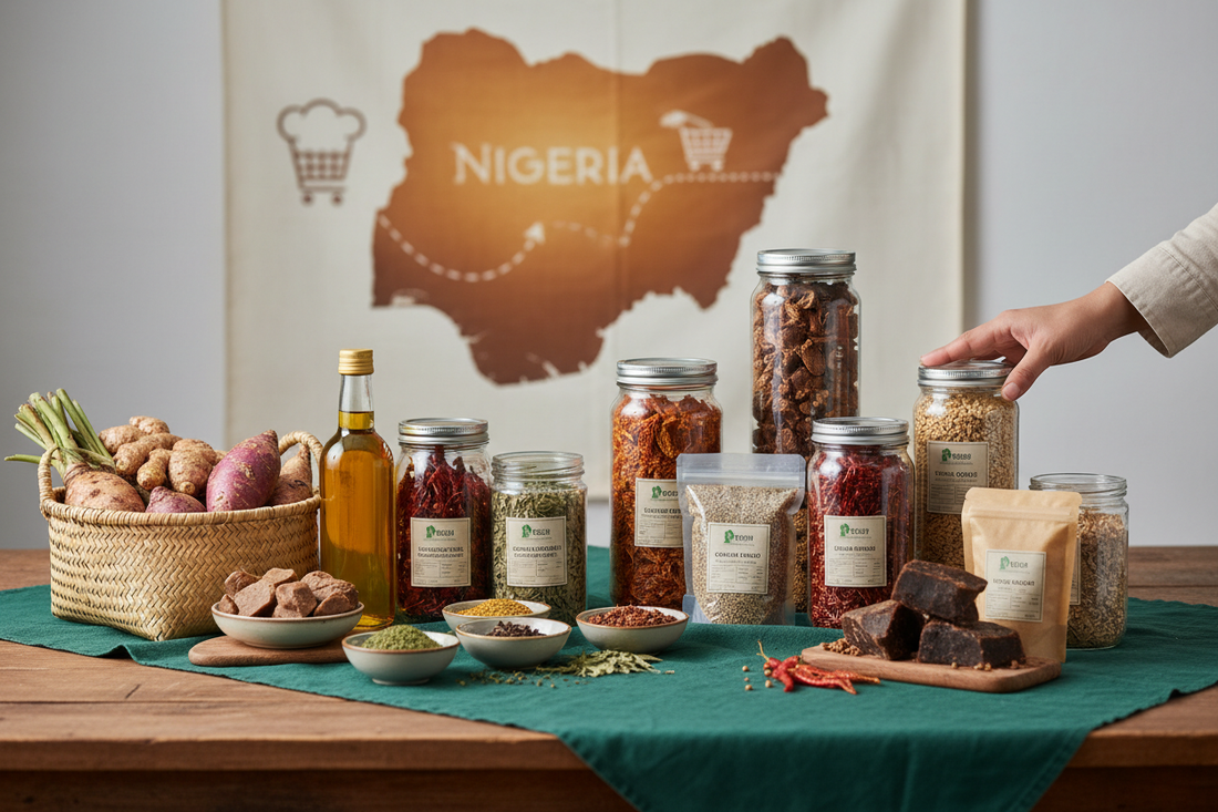 Nigerian pantry product line arranged for retail and hospitality buyers