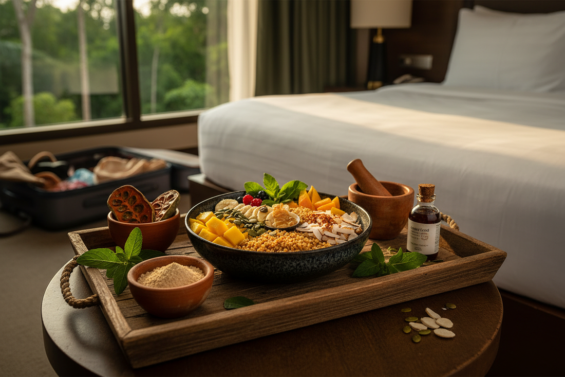 Baobab power bowl prepared in a hotel room for a busy traveller