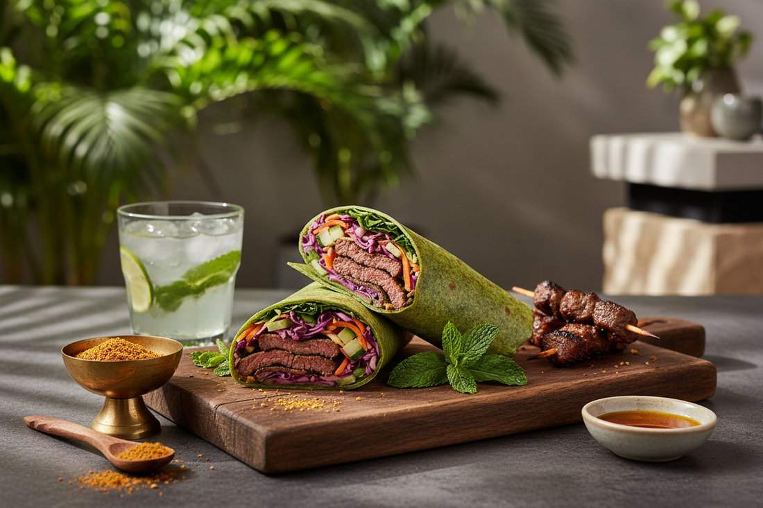 Suya-spiced protein wrap prepared as a quick high-performance meal