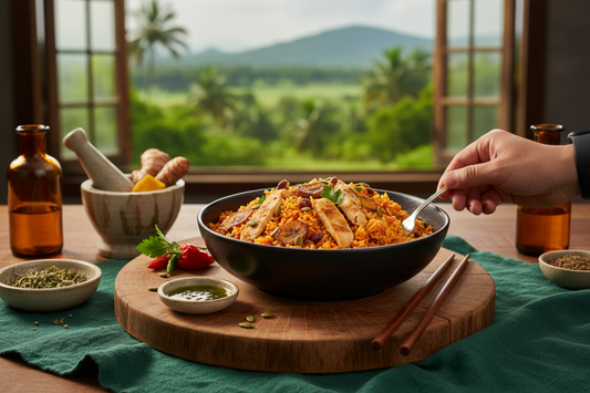 Nigerian jollof rice performance bowl prepared with colourful vegetables and protein