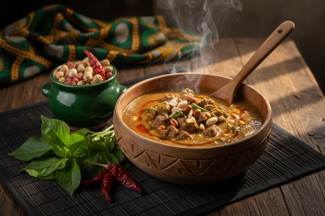 Rich Nigerian groundnut soup prepared as a nourishing recovery meal