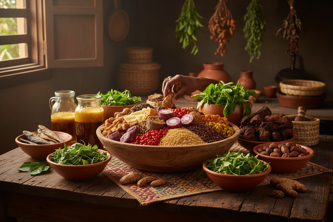 Nigerian superfoods arranged to support gut health and peak performance