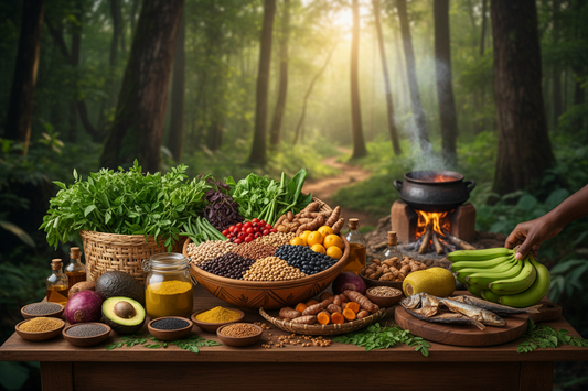 Nigerian superfoods arranged to show a 30-day wellness journey and progress